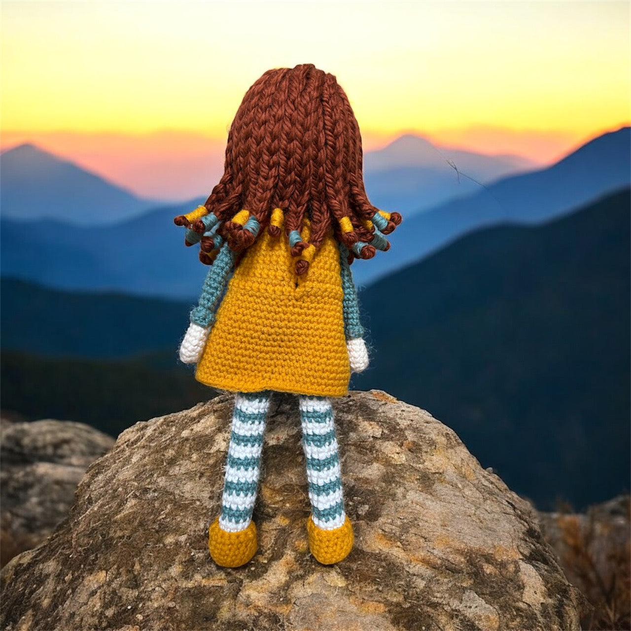 Coral — Handmade Crochet Doll with Yellow Dress and Satchel