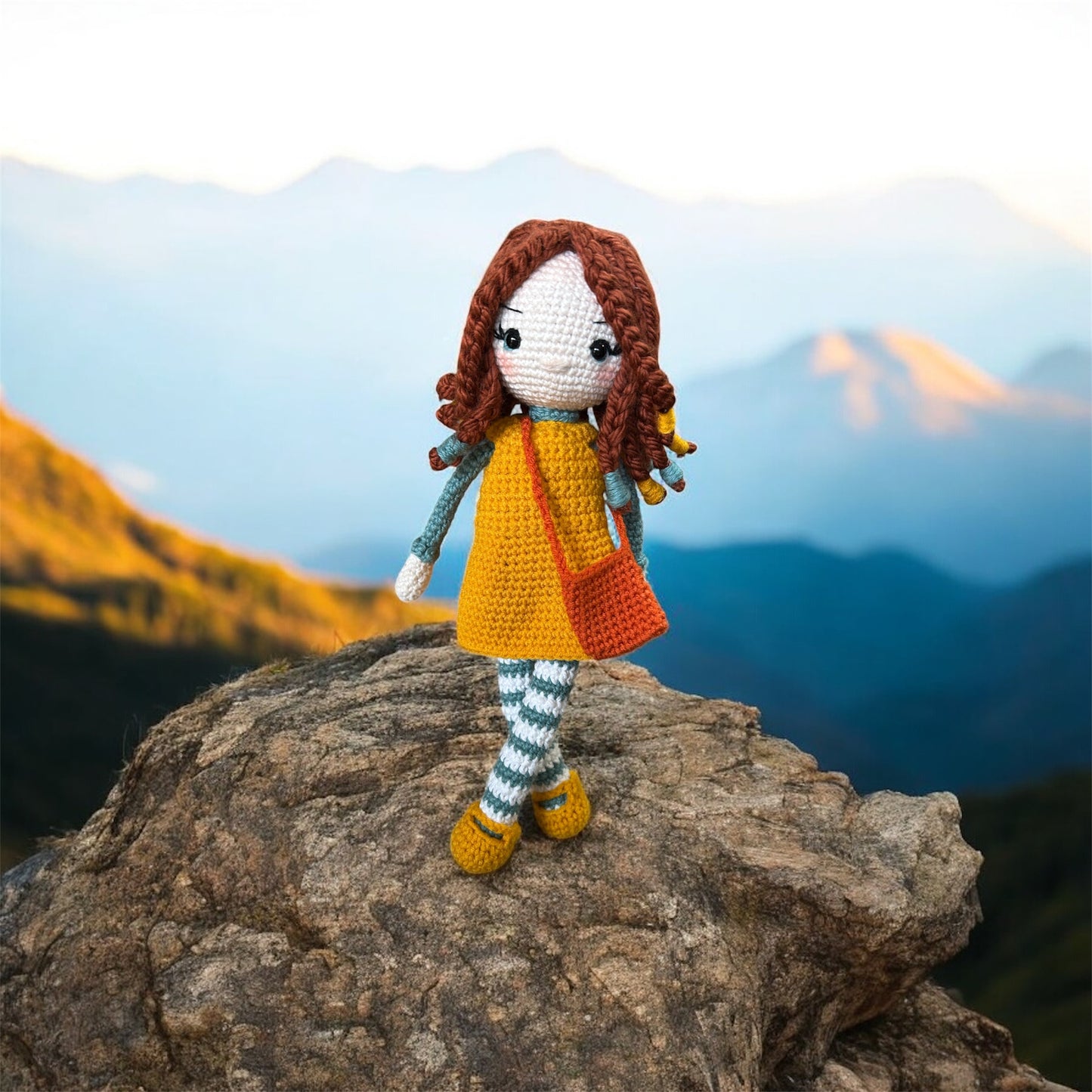 Coral — Handmade Crochet Doll with Yellow Dress and Satchel
