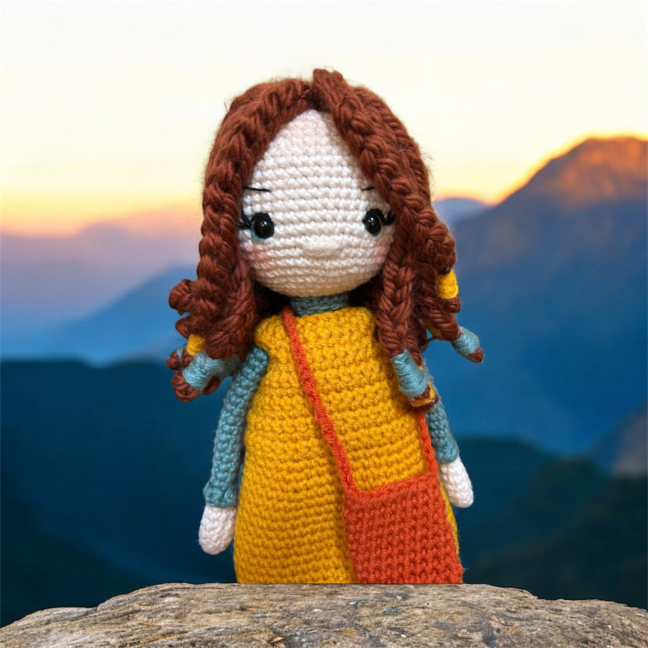 Coral — Handmade Crochet Doll with Yellow Dress and Satchel