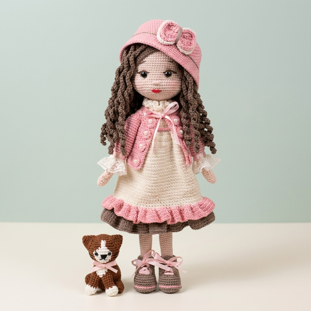 Violet & Her Little Kitty – Handmade Crochet Doll