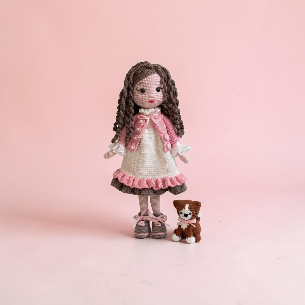 Violet & Her Little Kitty – Handmade Crochet Doll